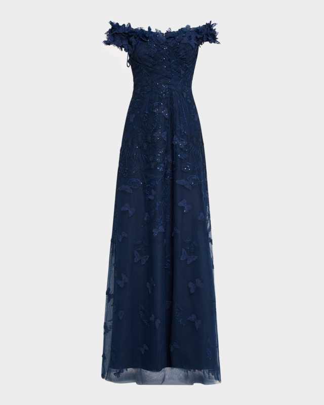 Off-Shoulder Floral-Embroidered Tulle Gown